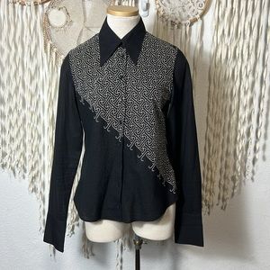 Anne Fontaine Black and White Embroidered Long Sleeve Button Down Size 3